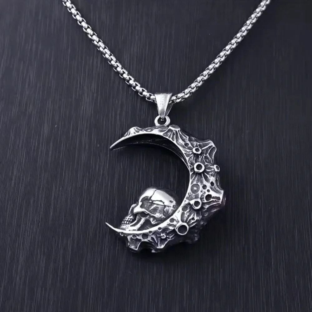 925 Sterling Silver Skull In Crescent Moon NO FADE Necklace Unisex Biker Goth